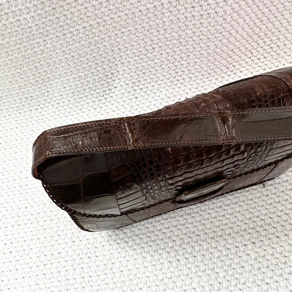 Vintage Brown Croc Embossed Leather No Brand Shoulder Crossbody Swing Box Bag - Image 15