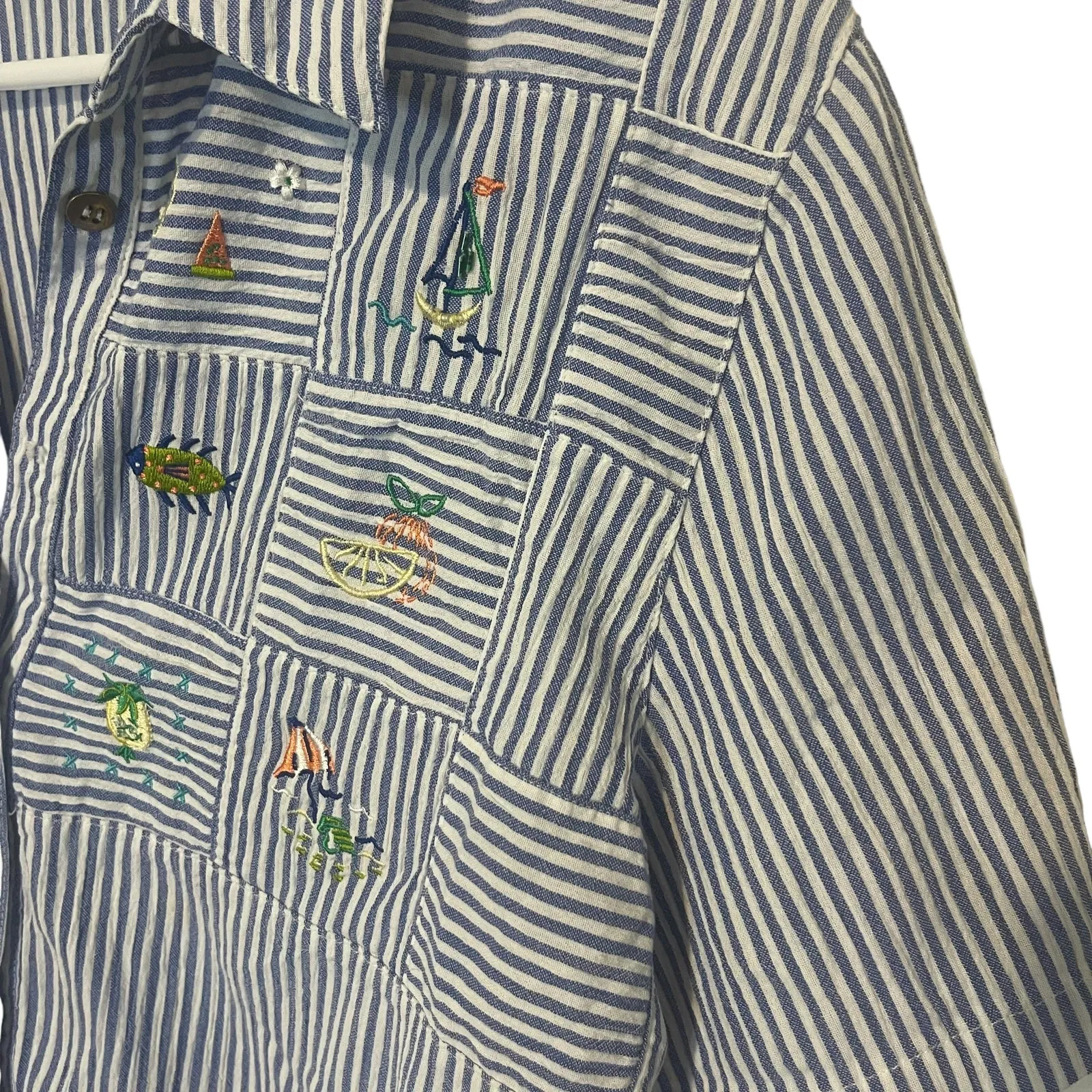 Koret Francisca Vintage 90s Large Coastal‎ Beach Embroidered Button Up Blue - Image 4