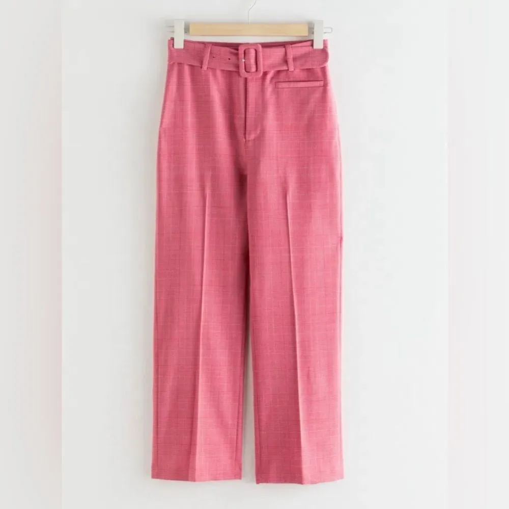 & OTHER STORIES Belted Plaid Kick Flare Trousers Pink Wool Blend- Size 6 - Image 4