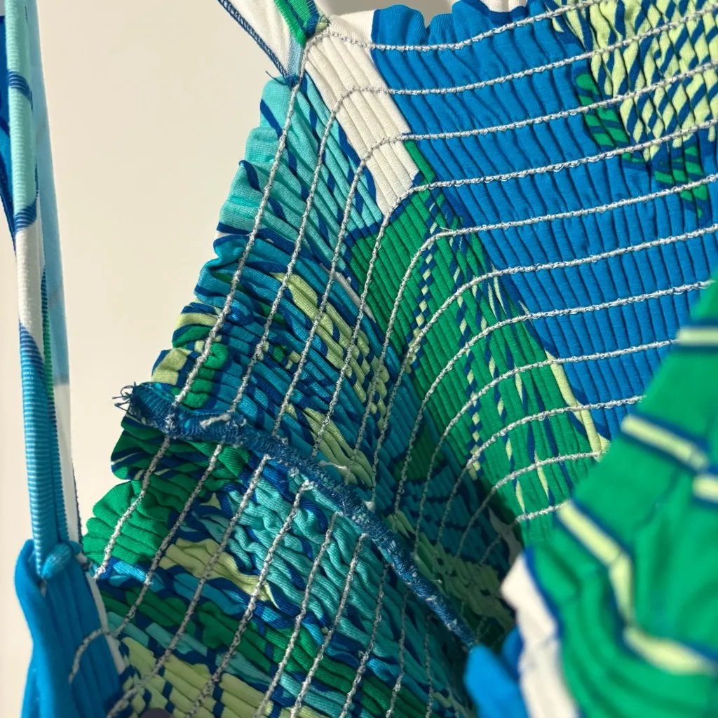 Tori Richard Honolulu tiered‎ smocked Tropical maxi dress Blue and Green large - Image 7