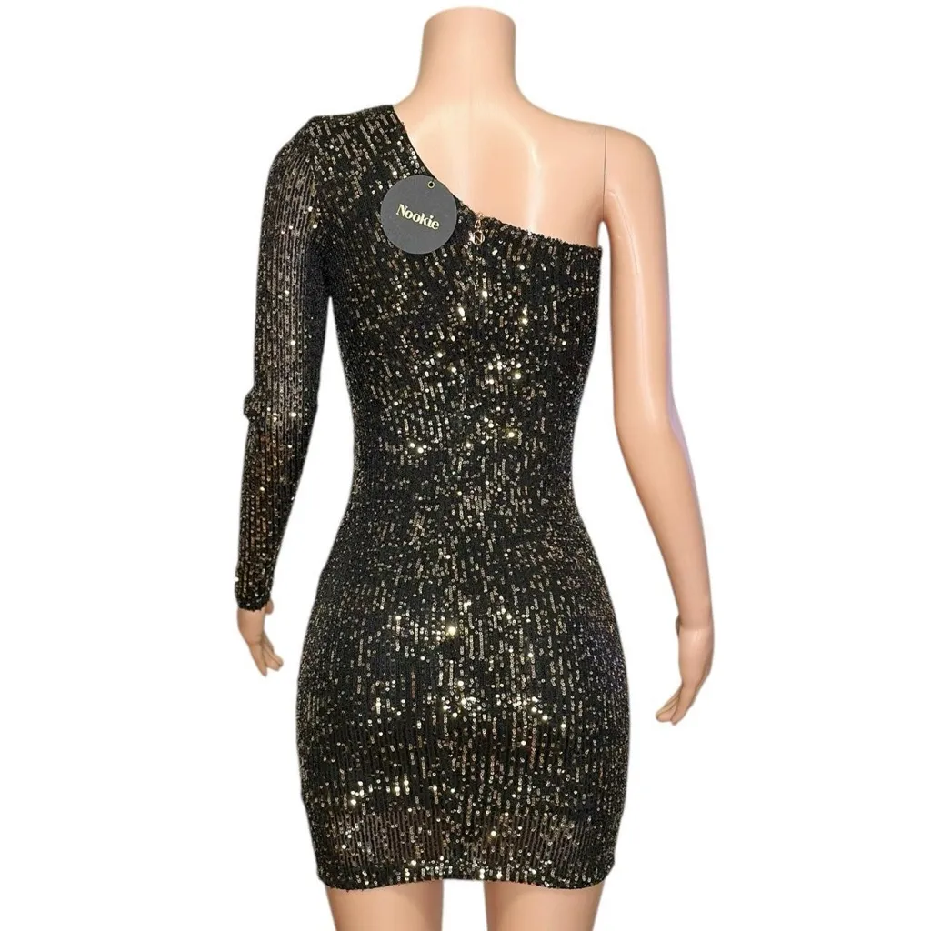 NOOKIE Fortune One Shoulder Sequin Mini Dress, Black/Bronze, XS - Image 14