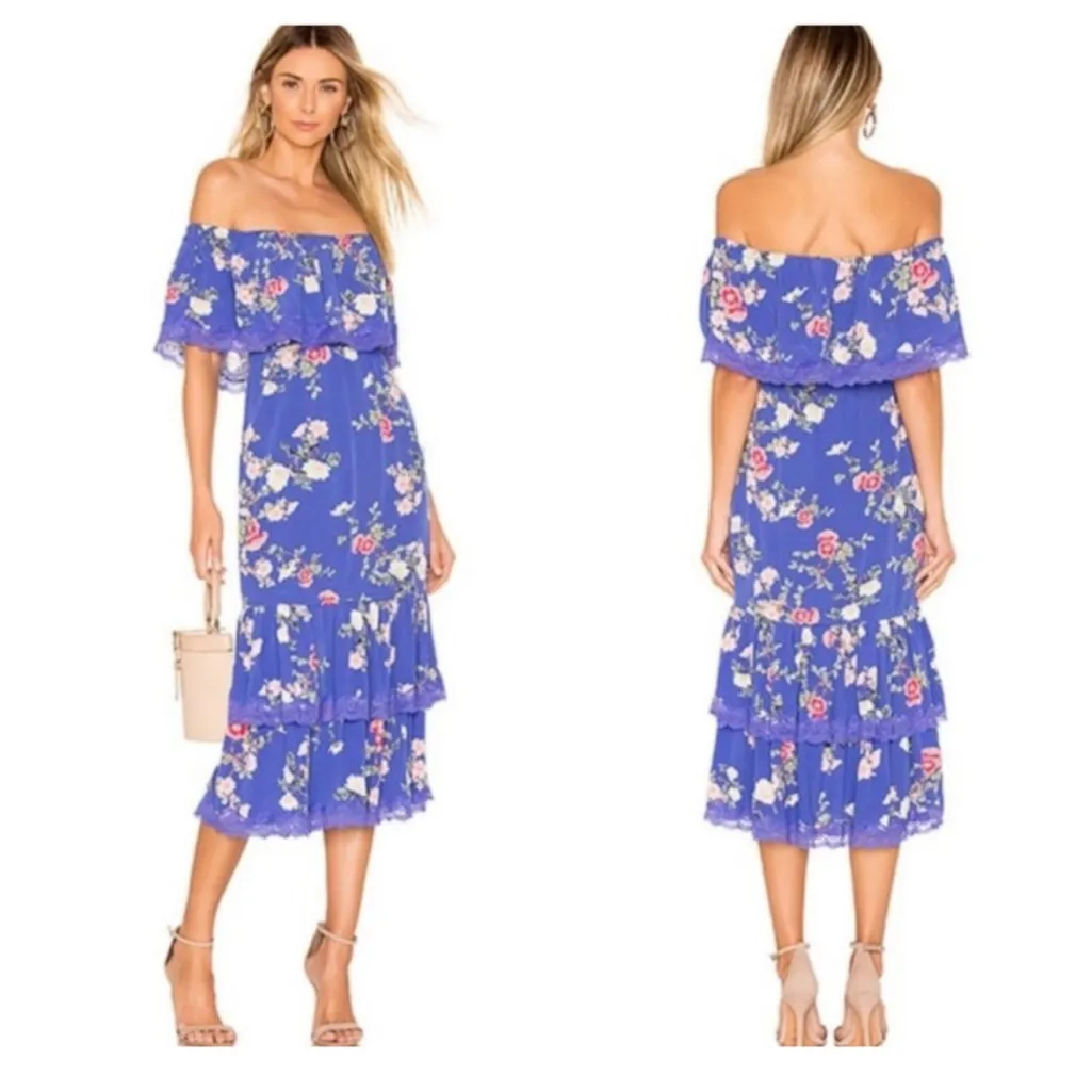 LOVERS + FRIENDS Elouise Tiered Midi Dress Off Shoulder Feeling Blue Floral XS - Image 2