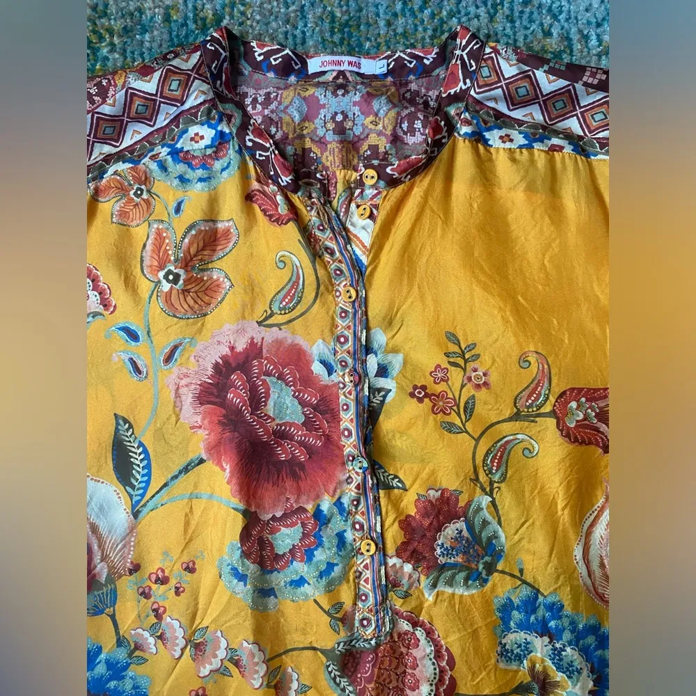 Sasha Maine yellow floral multi silk tunic blouse, size large - Image 5