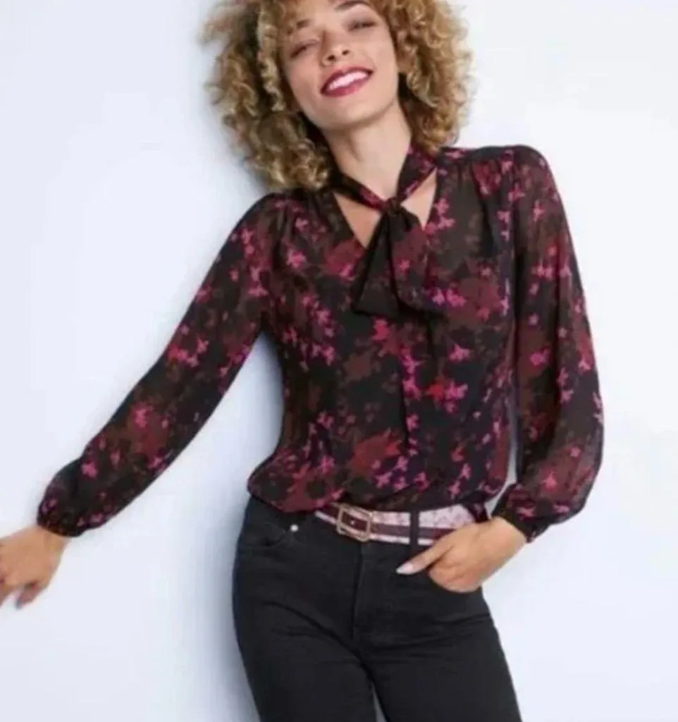 CAbi Style #3860 Candlelight Floral Sheer Long Sleeve Elastic Cuff Blouse Sz XS - Image 2