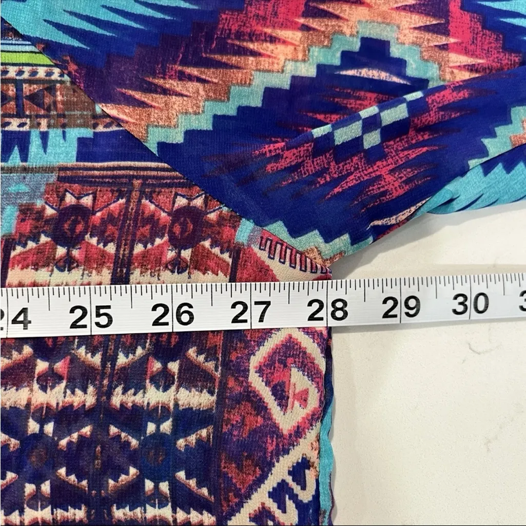 Urban Mangoz V Neck Sheer Tunic Roll Tab Sleeve Boho Festival Womens 1X Aztec Blue - Image 9