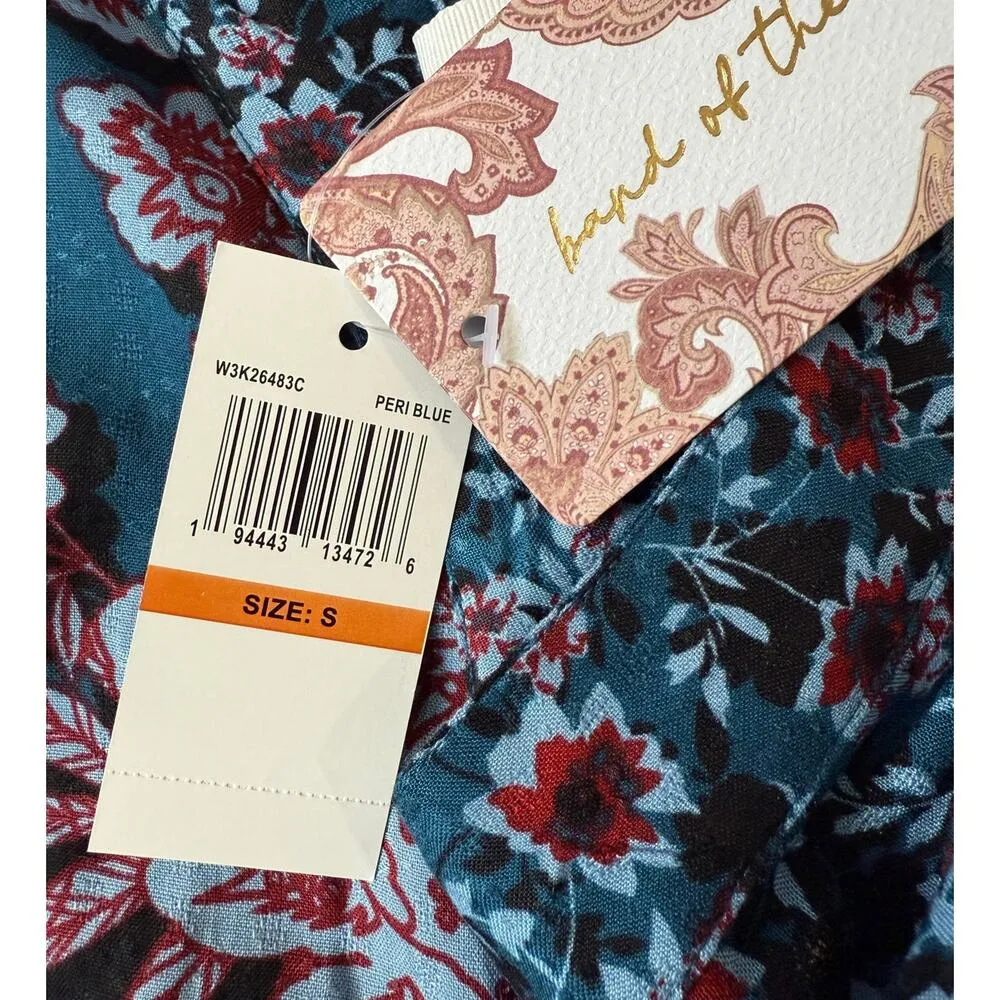 Band of the Free Josie Sapphire Mixed Print Peasant Boho Long Sleeve Top Small Blue - Image 4