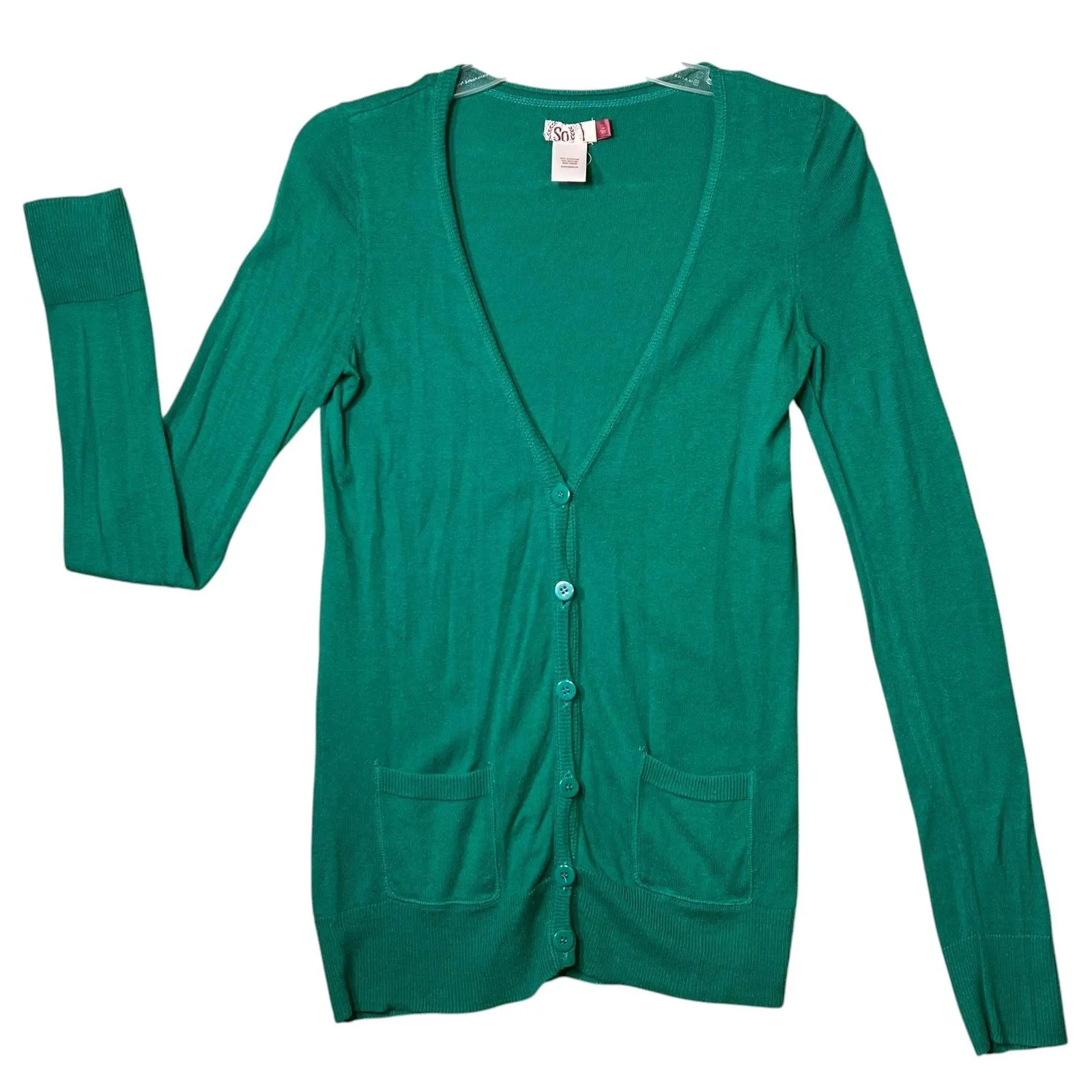 SO  Cardigan Sweater Womens Large Green V Neck Button Front Pockets Lightweight - Image 2