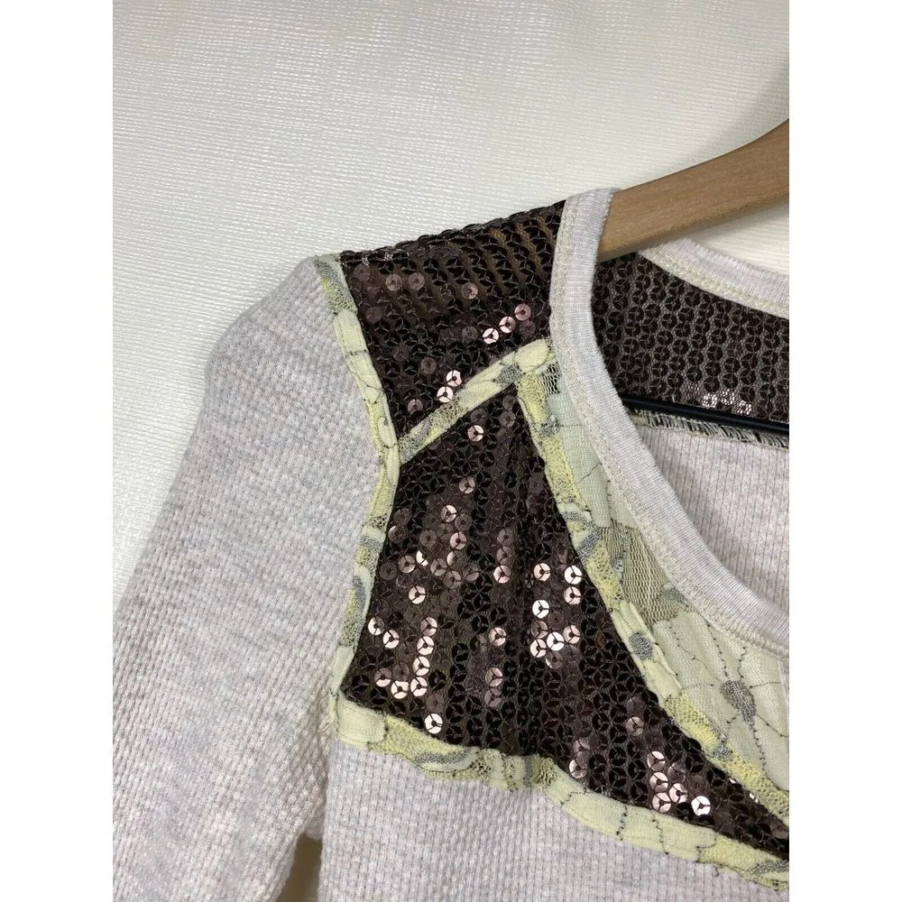 Free People Henley Thermal Top Beige Brown Sequin Lace Sz S Boho Y2K Waffle Knit - Image 4