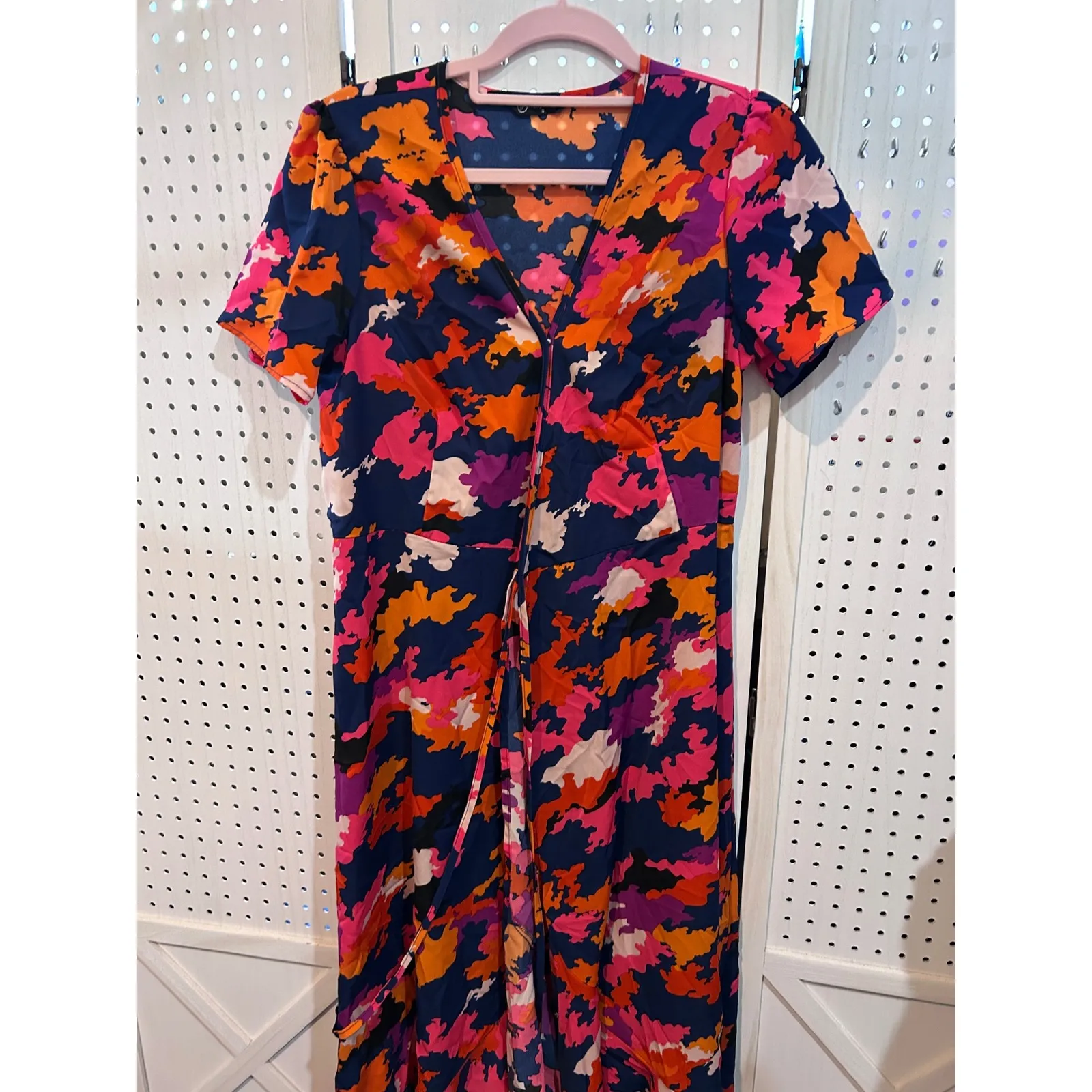 Prettygarden Abstract Print Midi Wrap Dress Short Sleeve Navy Pink Orange Size S - Image 2