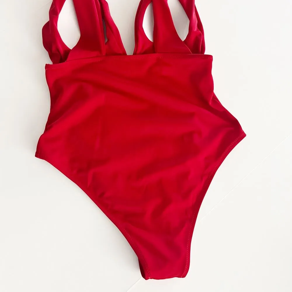 [Yolipuli] Red One Piece Convertible Swimsuit Bow Straps V - Image 7