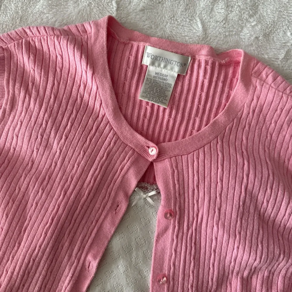 Pastel Pink Ribbed Knit Cardigan Sweater Size M - Image 3