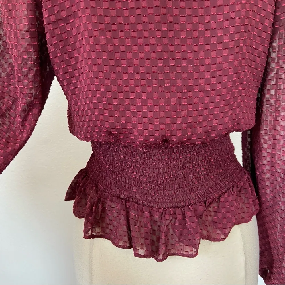 Maroon Textured Smocked Long Sleeve V-Neck Blouse - Image 5