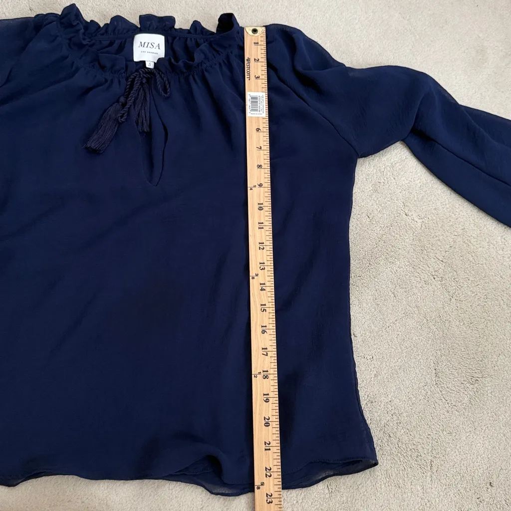 Misa Los Angeles Long Sleeve Ruffle Navy Blouse Top Tassels Size Small - Image 11