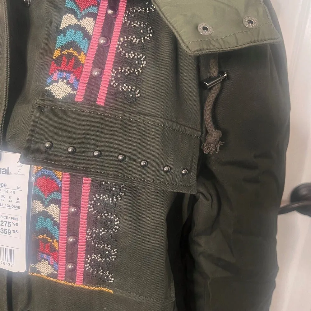 DESIGUAL Womens Lena Hooded Mid Length Parka Jacket Ethnic Embroidered Size 6 US - Image 5