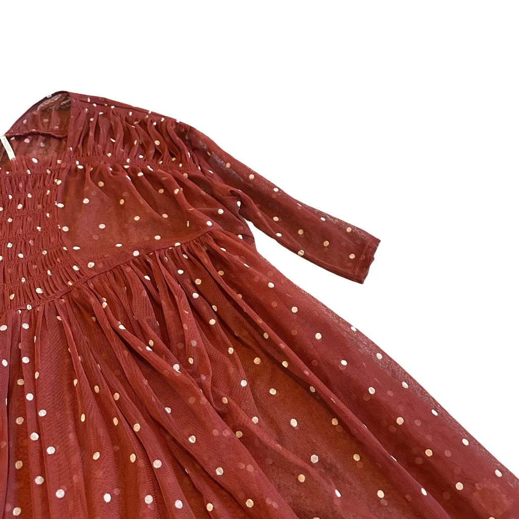 Free People Rust Orange Polka Dot Babydoll Top Sheer Chiffon Size Small Women's - Image 6