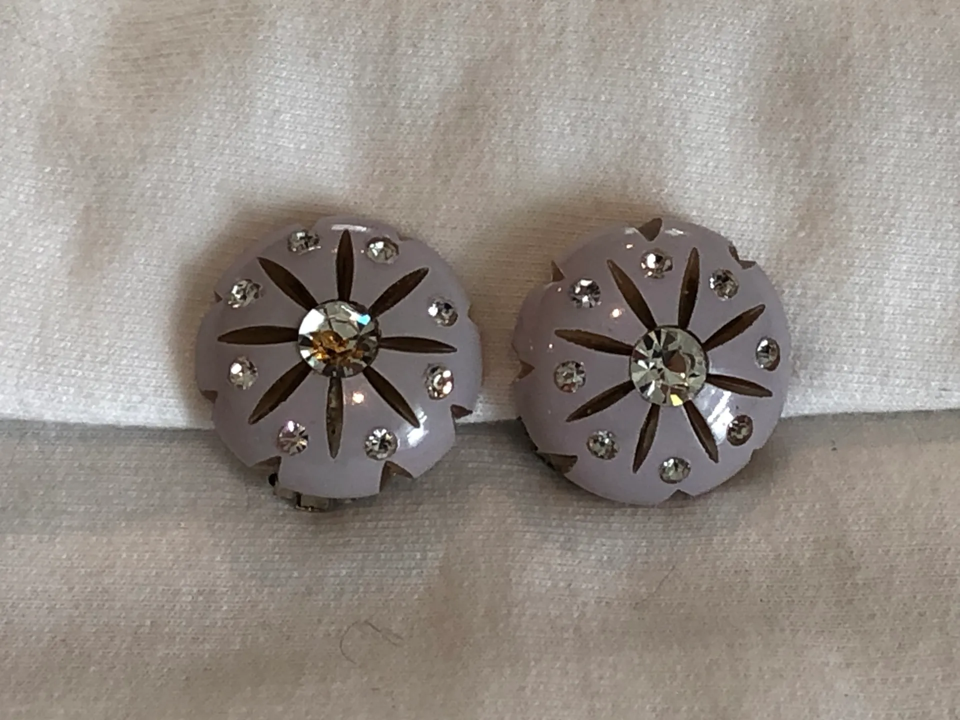 Magnificent Vintage Clip On Earrings Purple Enamel W Sparkles Rhinestones - Image 3