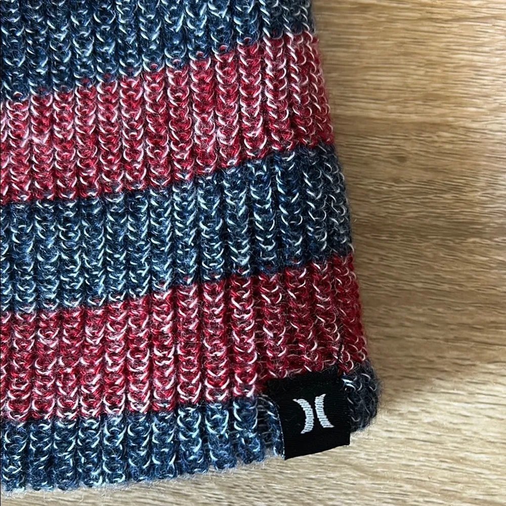 Hurley Red and Blue Striped Knit Beanie Hat - Image 3