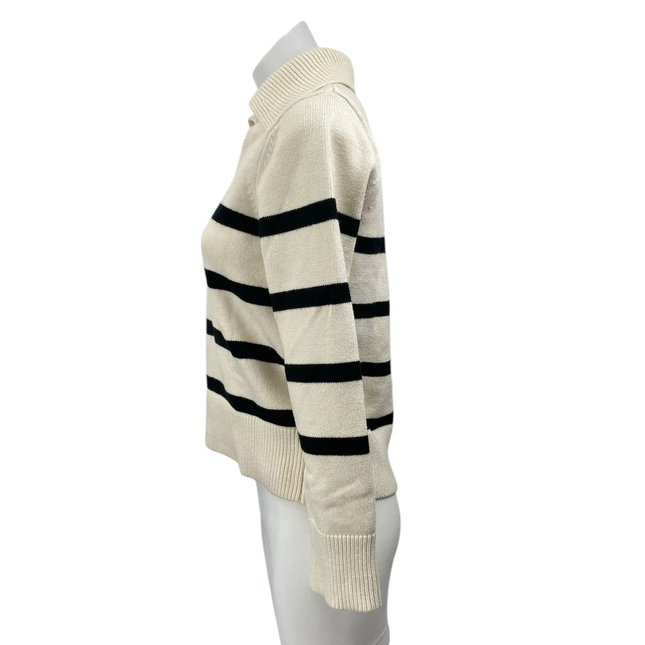 MNG Mango Women's Cream Black Knit Striped Long Sleeve Polo Sweater Top Size XS - Image 2