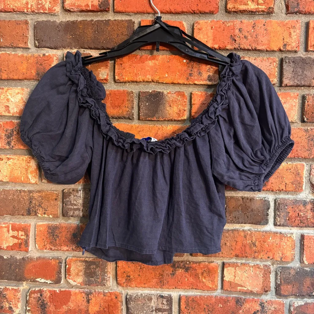 She + Sky womens linen puff sleeve off the shoulder peasant crop top blue S - Image 3