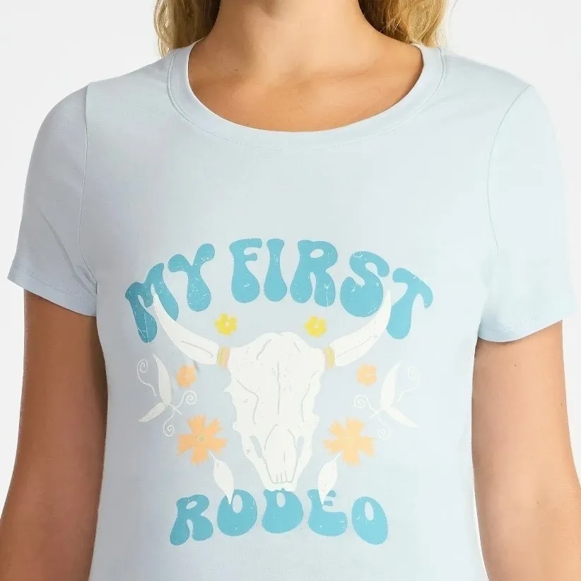 Maternity T Shirt My First Rodeo Bull Skull Graphic Blue Short Sleeve Top M Size undefined - Image 7