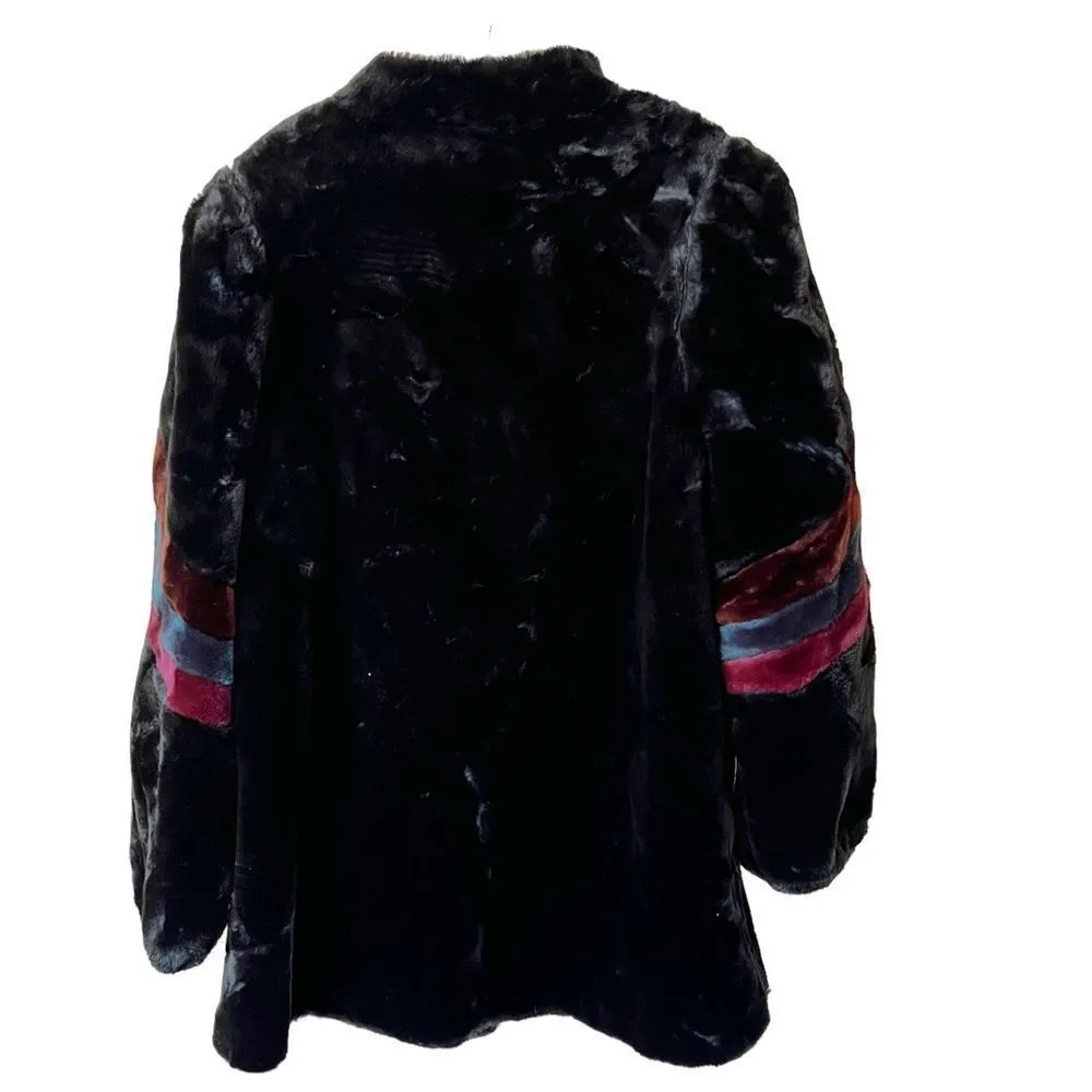80’s Faux Fur Plush Colorblock Sleeve Swing Coat Size 14 - Image 15