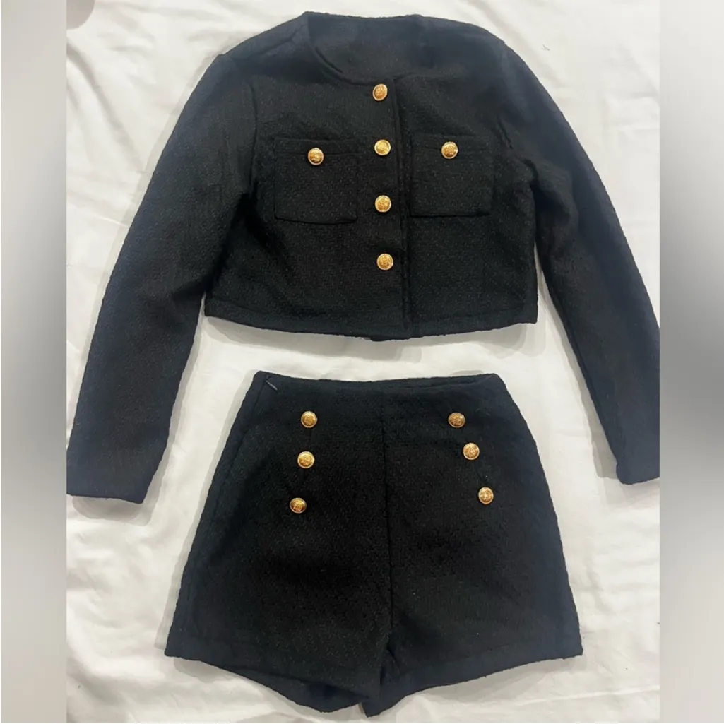 Black Cropped Jacket and Shorts Set with Gold Buttons Size XS - Image 3