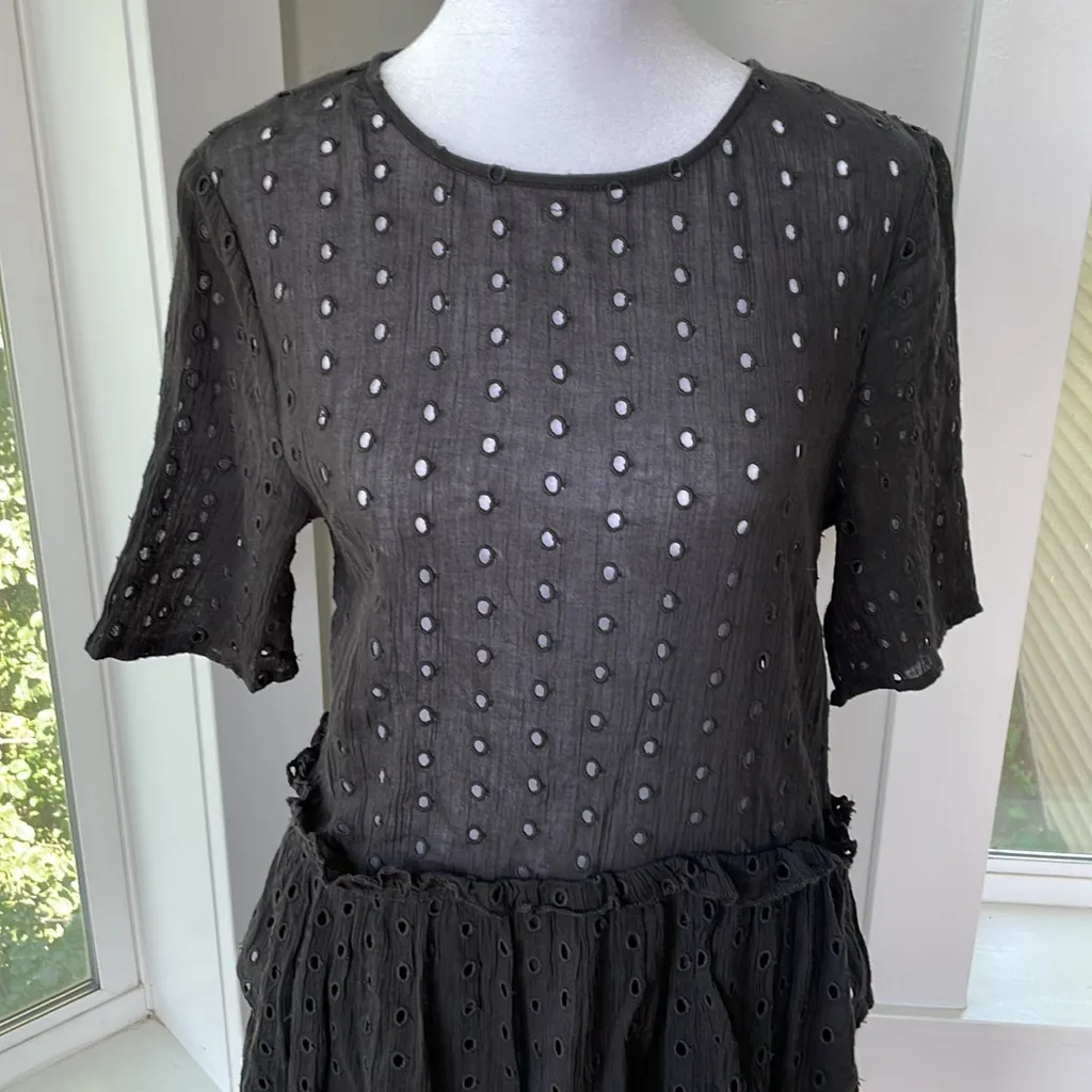 H&M Wednesday Addams Black Eyelet Cotton Tiered Mini Dress Sz 6 - Image 3