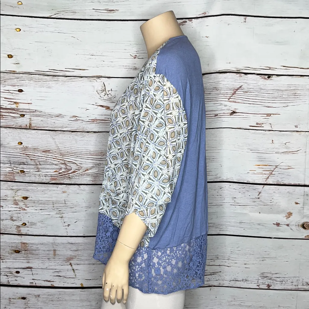 LOGO by Lori Goldstein NWT Size XL Blue Printed Lace Hem Chiffon Kimono Cardigan - Image 2