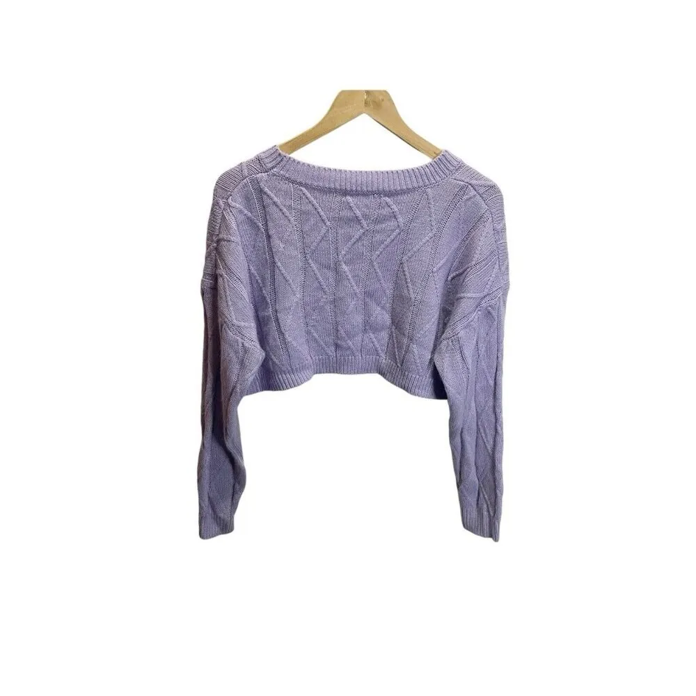 SHEIN Women's Cropped Round Neck Long Sleeve Knit Sweater M Purple Cable Knit - Image 2