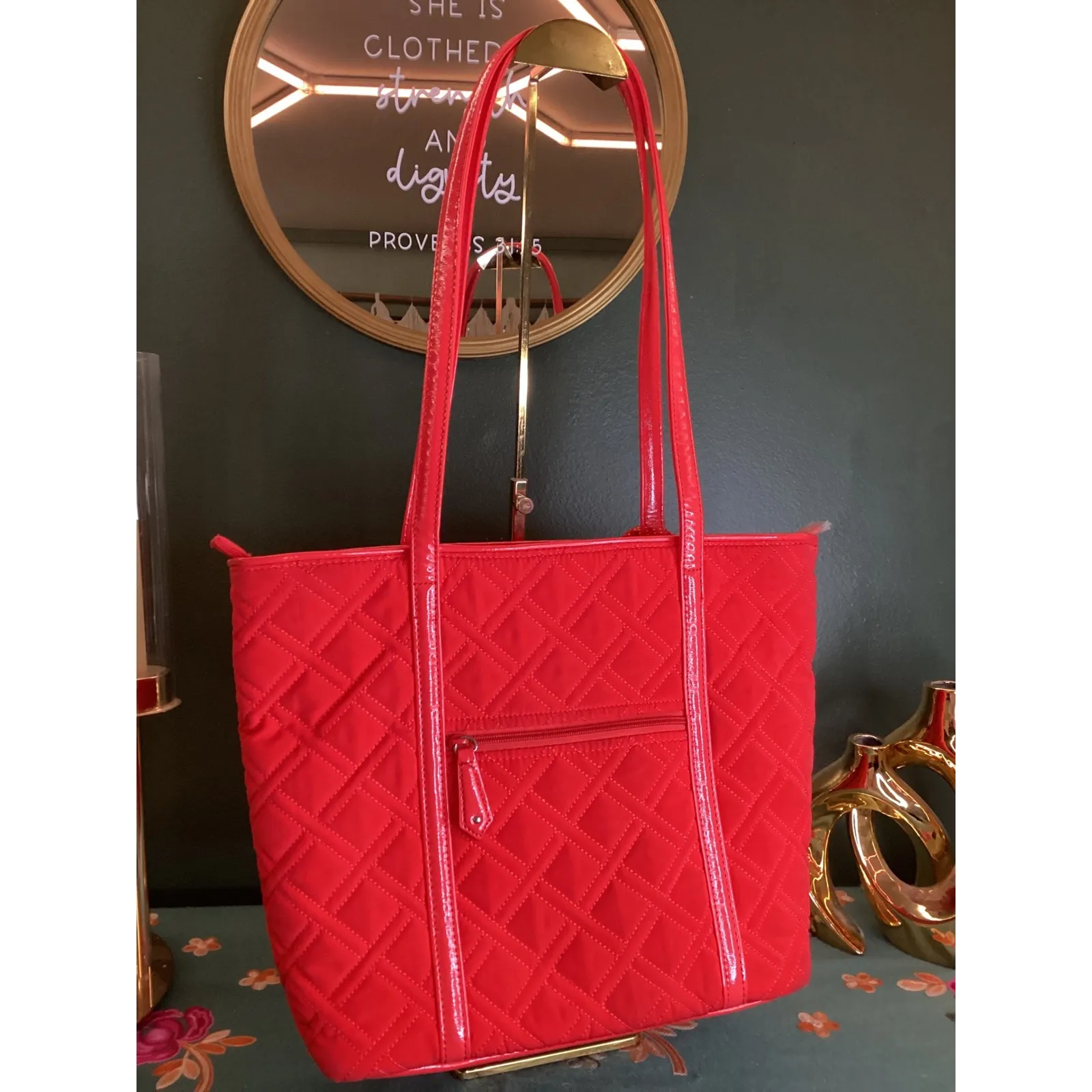 Vera Bradley Bright Red Quilted Tote Bag with Patent Accents and Scarf Detail - Image 2