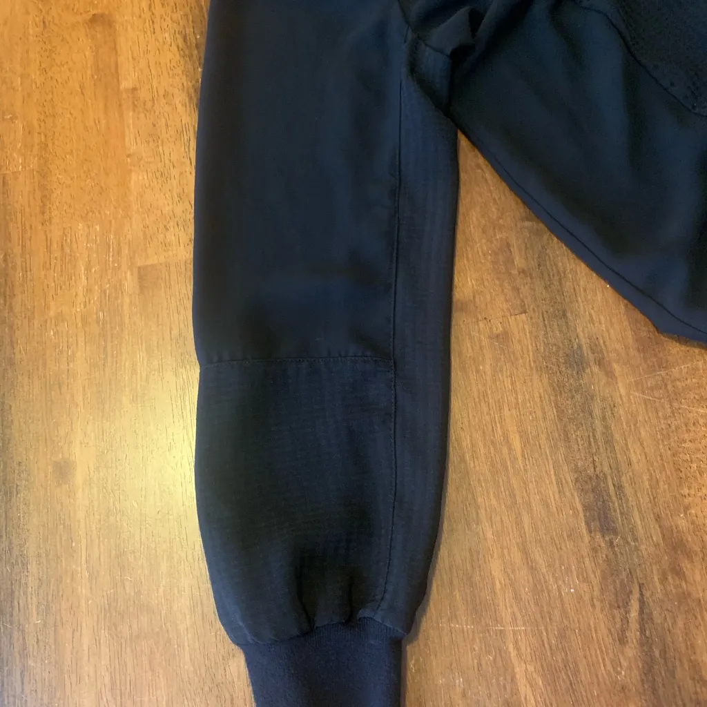 Calvin Klein Blouse Large Black Crewneck Zip Back Sheer Sleeves Band on bottom - Image 5