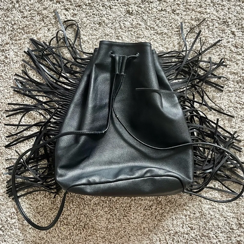 Victoria’s Secret Limited Edition Black Vegan Leather Drawstring Fringe Backpack - Image 5