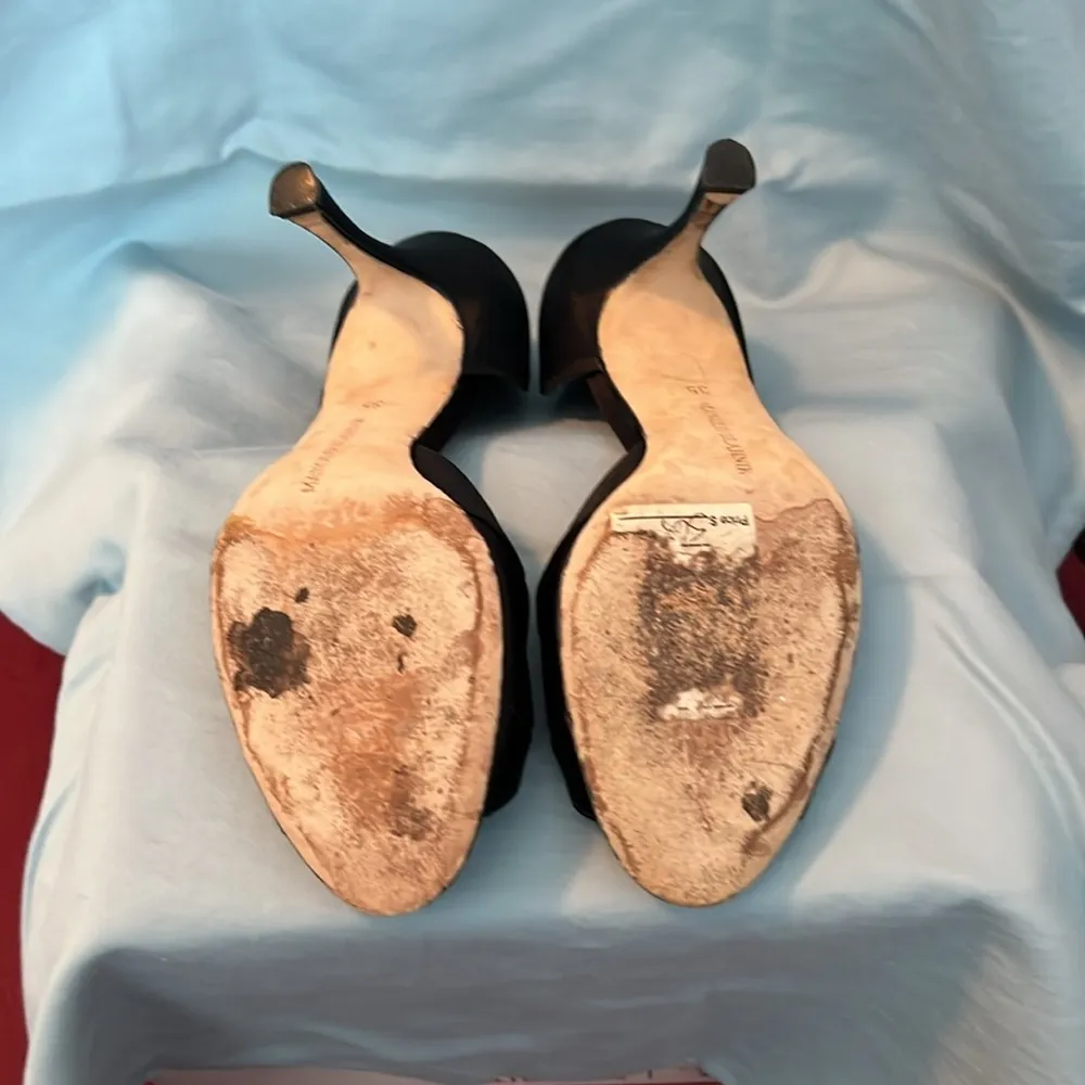 Manolo Blahnik Butterflop Black Satin Peep Toe D’Orsay Cut Heels sz 35 - Image 6