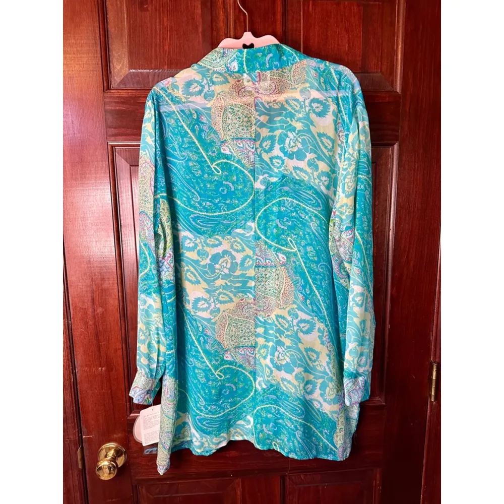 VINTAGE NWT Tess Dress Sz 18 (runs small) Sheer Silk 1/2 Button Paisley Blouse Blue Size L - Image 2