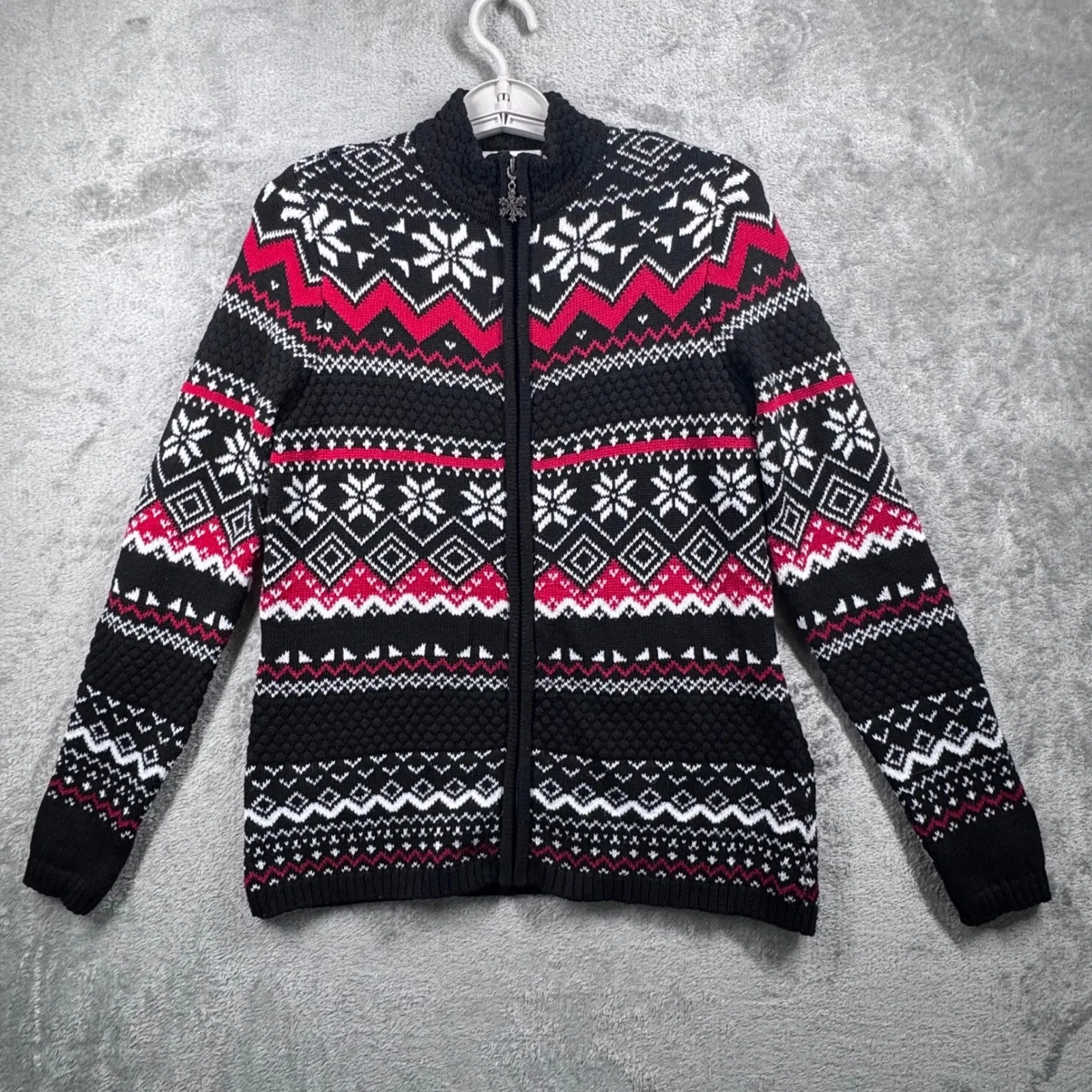 Breckenridge Cardigan M Petite Fair Isle Snowflake Black Red Zip Up Sweater‎ - Image 2