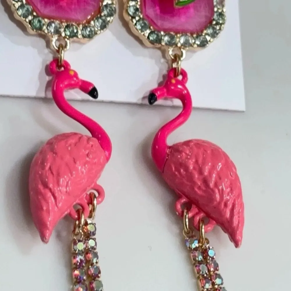 Betsey Johnson Gold Tone Watermelon & Flamingo Chandelier Earrings Crystal NWT - Image 5