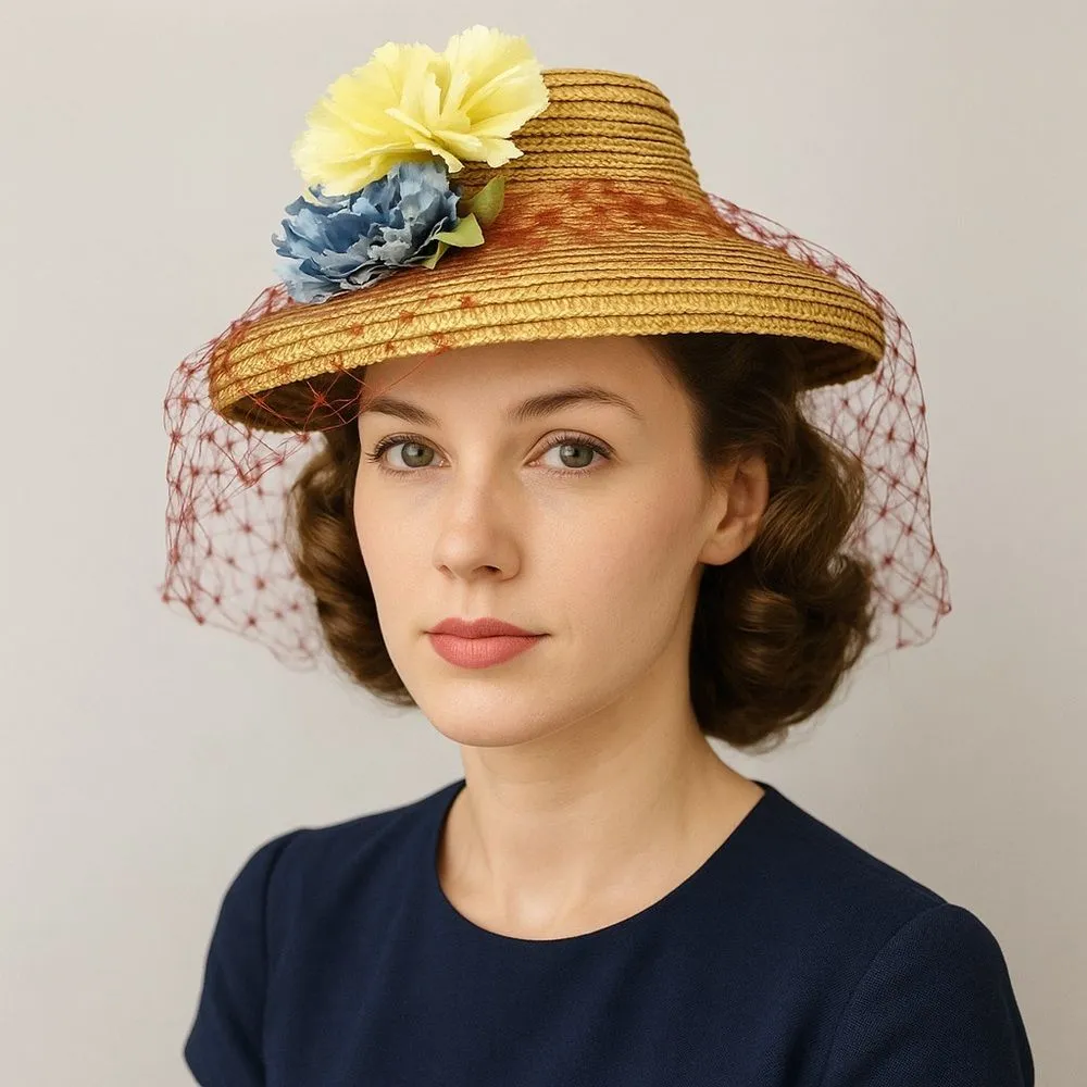 Vintage 1950s Straw Hat w/ Veil & Flowers Cream & Blue Millinery Fascinator Net - Image 12