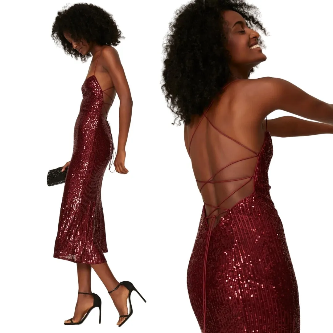 Ieena Mac Duggal Sequin Tie Back Midi Dress Strappy Lace Up Wine Size‎ 2 NWT - Image 4