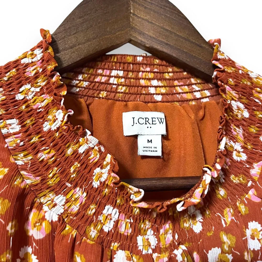 J‎ Crew Shirt Medium Smocked Puff Sleeve Ruffle Burnt Orange Floral Blouse - Image 3