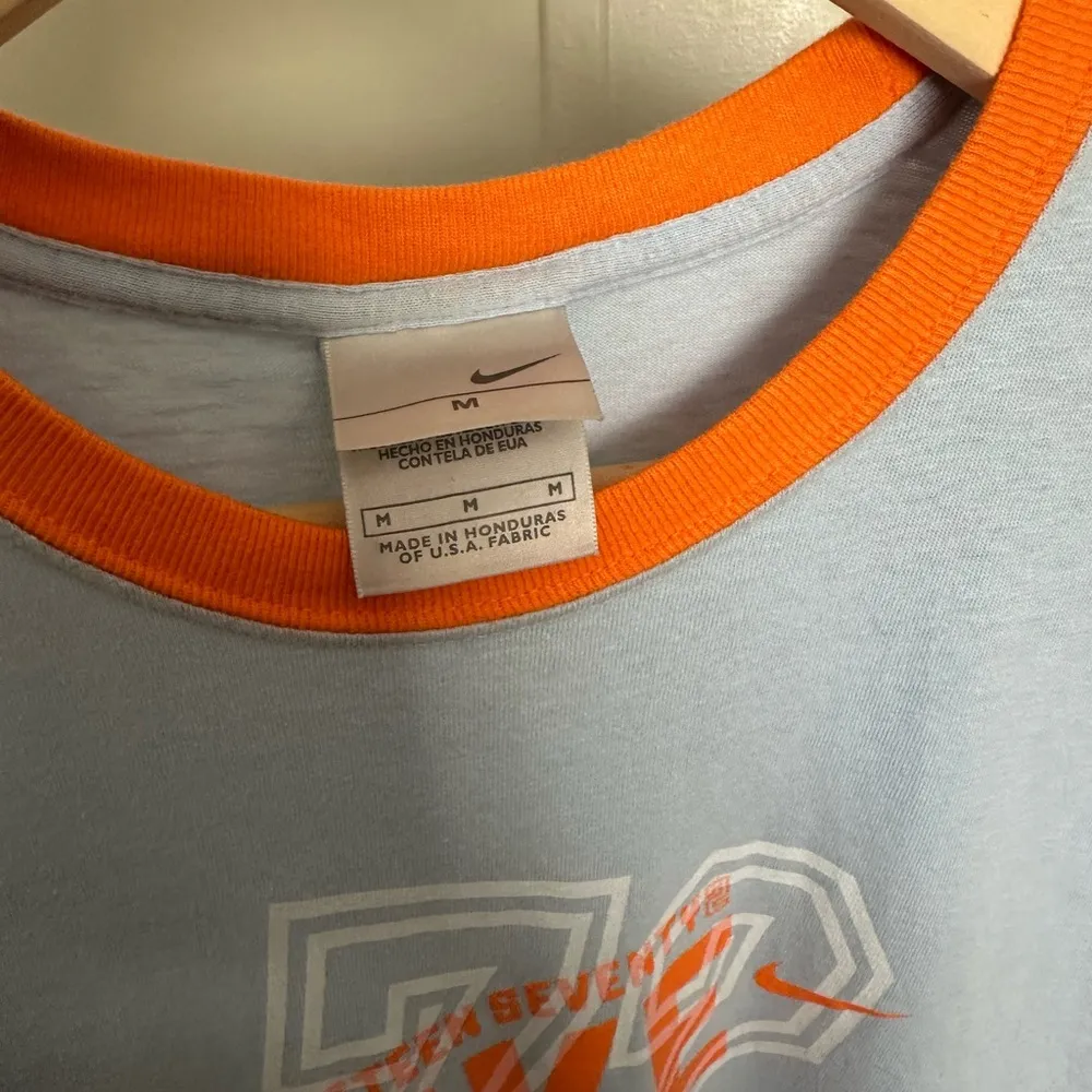 Nike Light Blue and Orange Ringer Graphic Shortsleeved Shirt size medium - Image 4