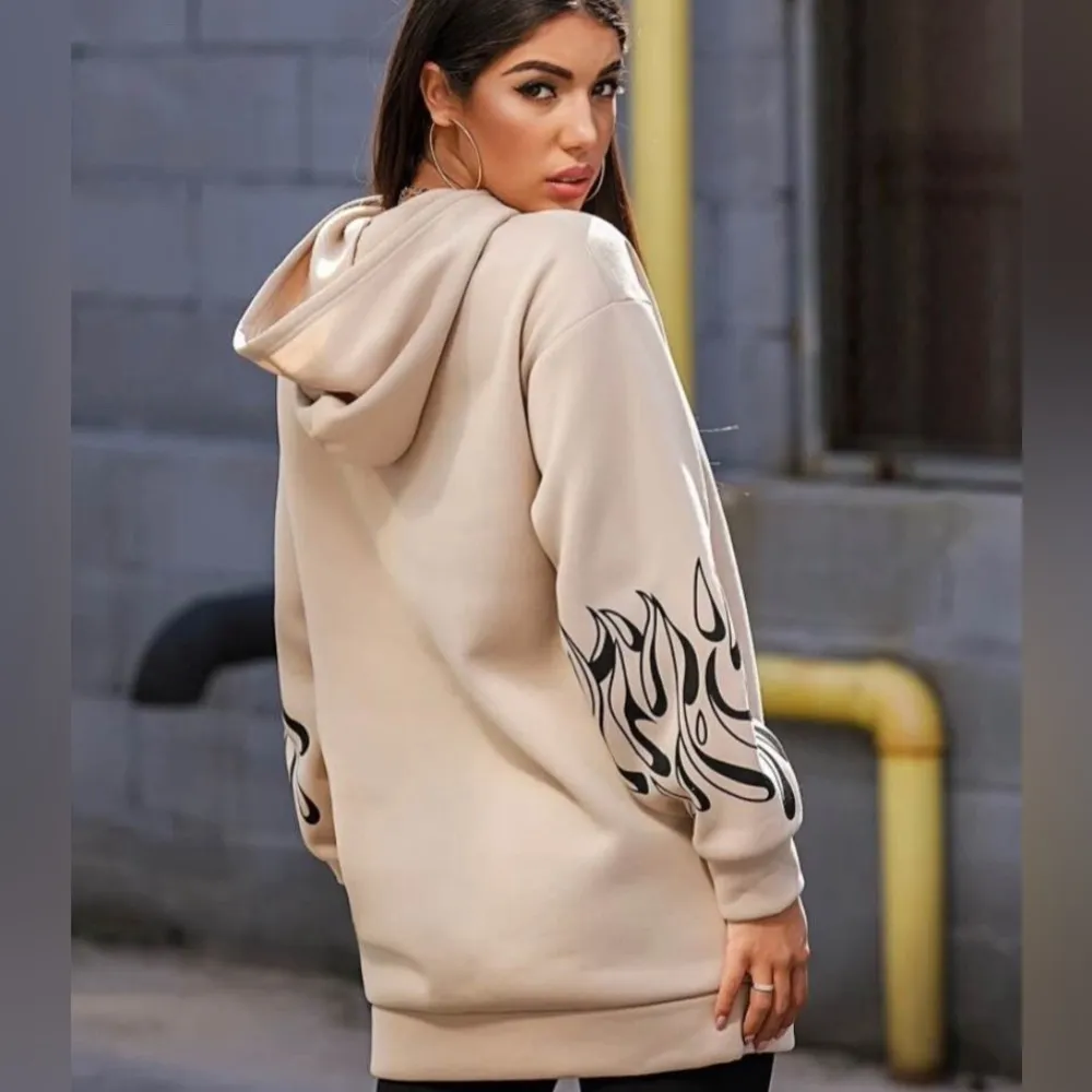 Oversized Tan Black Fire Print Arm Oversized Hoodie - Image 2