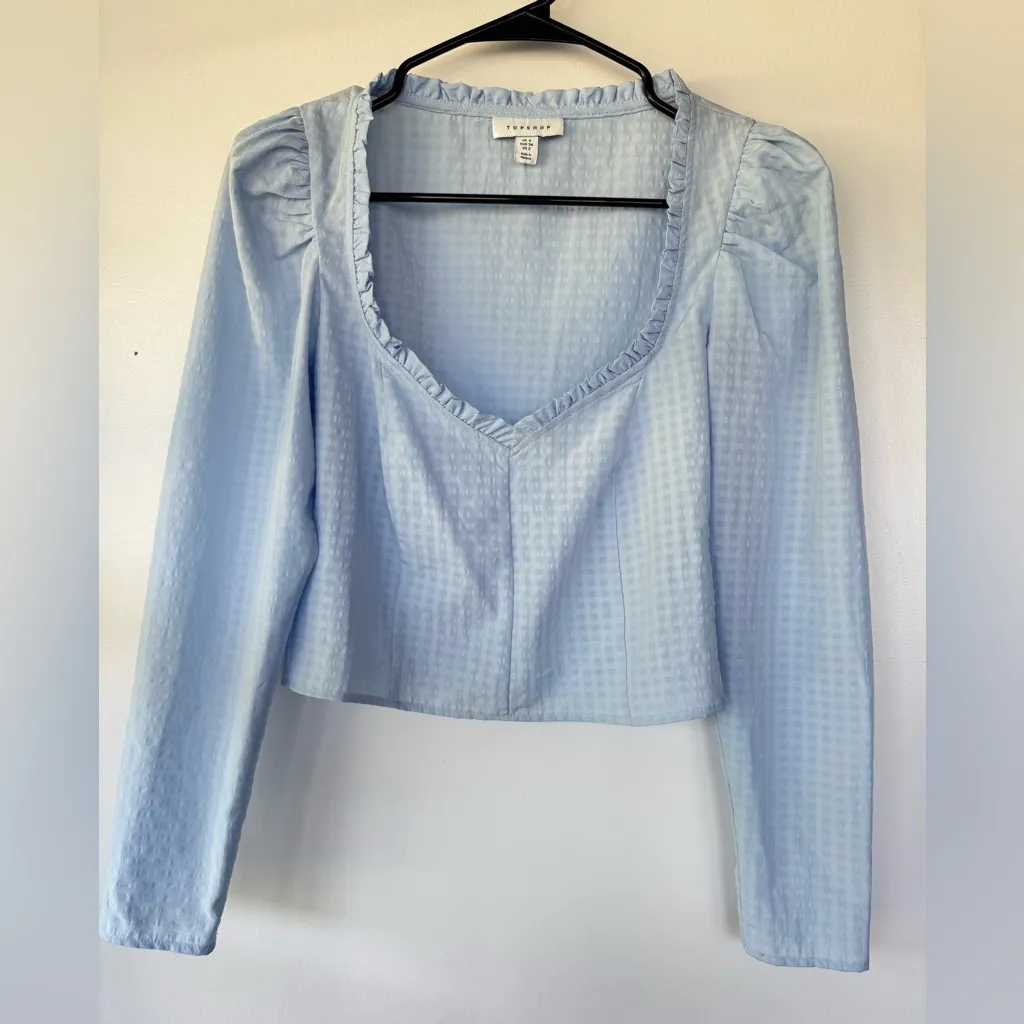 Topshop Blue Long‎ Sleeve Ruffled Crop Blouse - Image 2