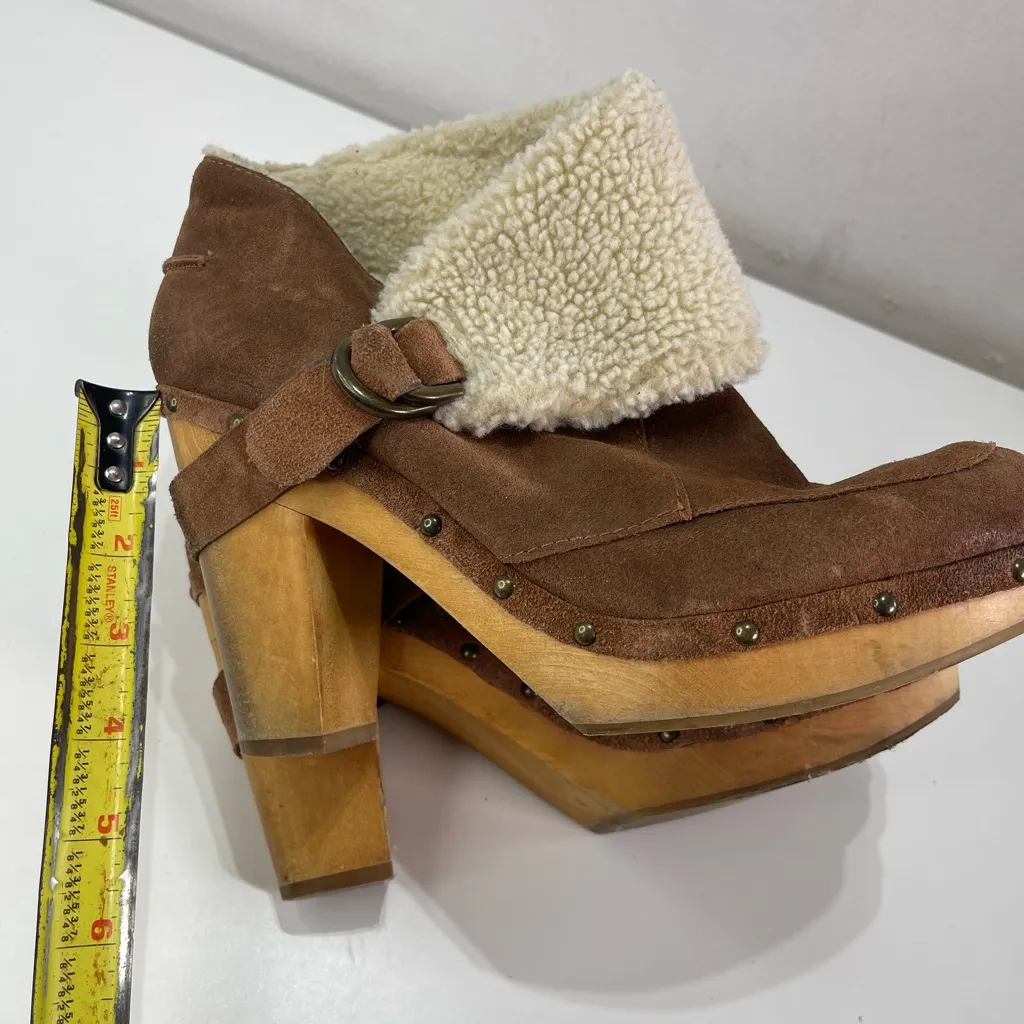 Nine West Vtg America Collection Ankle Boots Faux Fur Cuff Wooden Heel 10M Y2K Tan Size 10 - Image 7