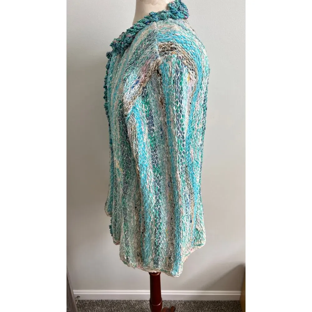 Estelle Vintage Open Front Crocheted Hand Woven Knit Cardigan Medium Blue - Image 5