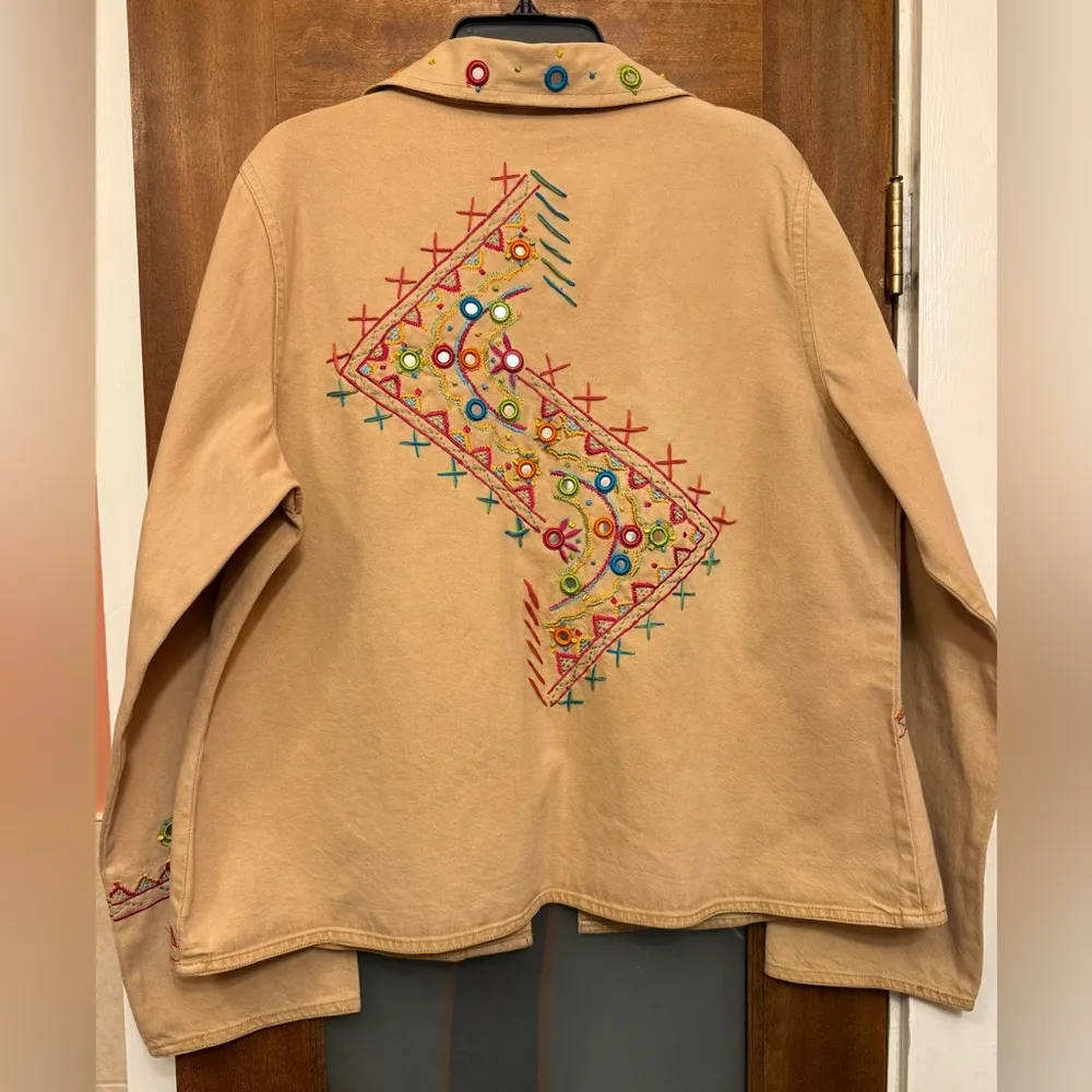 Anne Ashley Vintage Tan Open Denim Jacket Blazer Aztec Boho Embellished Plus 2X Size XXL - Image 8