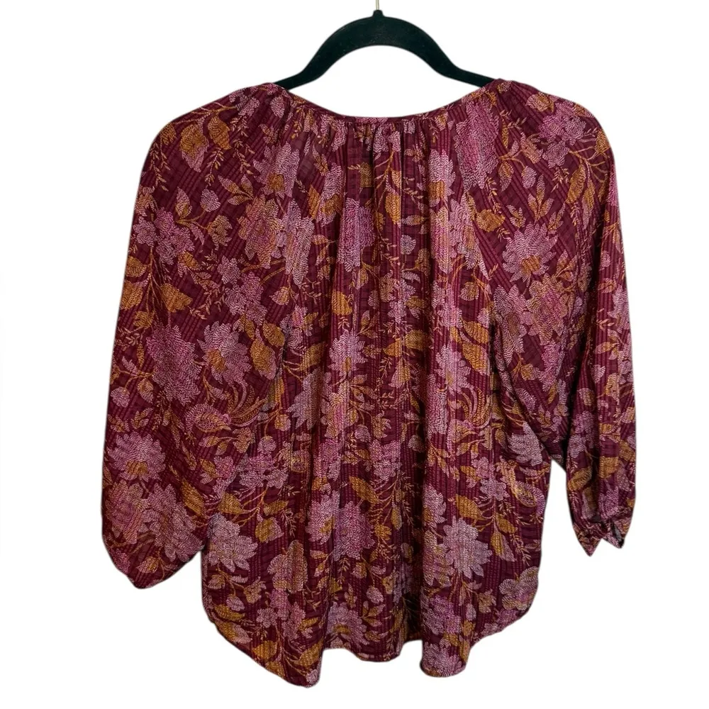 Loft Burgundy Floral Tie Neck Blouse - Image 3