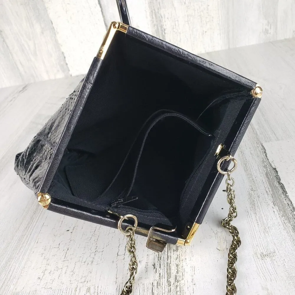 Palizzio Shiny Black Gold Chain Snakeskin Textured Shoulder Bag Women's Purse - Image 6