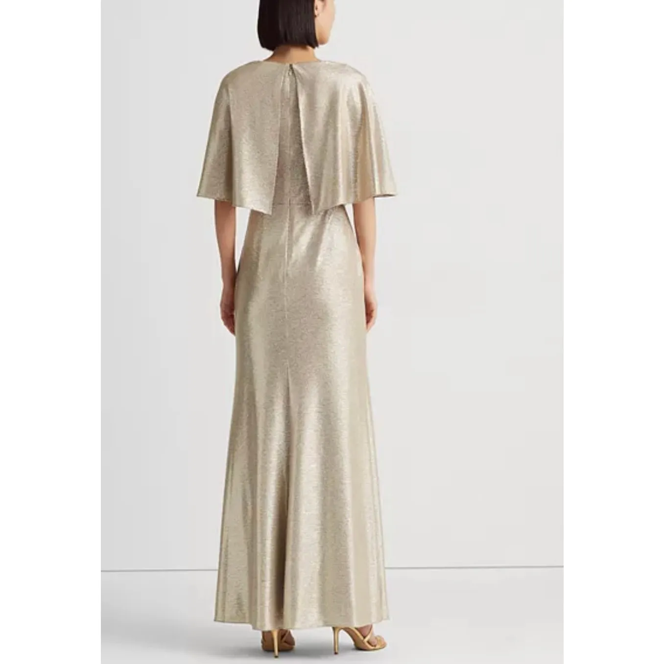 Lauren Ralph Lauren Foil Print Jersey Cape Gown Gold Size 8 NWT - Image 11