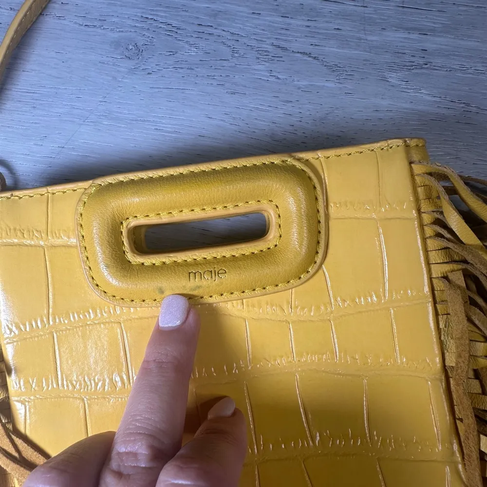 Maje mini embossed leather M bag cross body shoulder handbag yellow purse fringe - Image 3