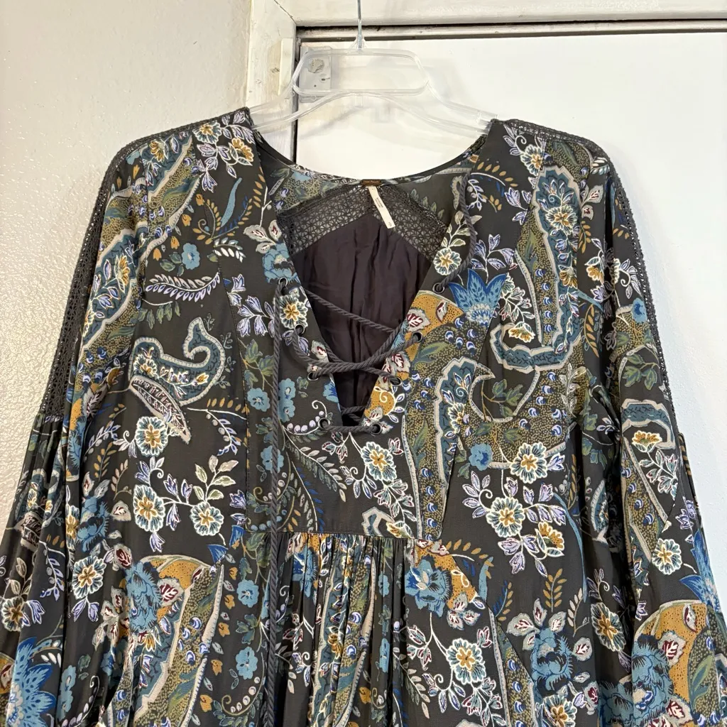 Free People Flowy Paisley Tunic Mini Dress Lace Up Wide Sleeves Small Floral - Image 3